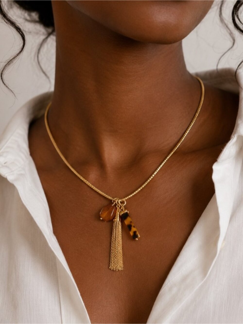 New! Preppy Classic Gold Tortoiseshell Tassel Necklace (4009) NWOT